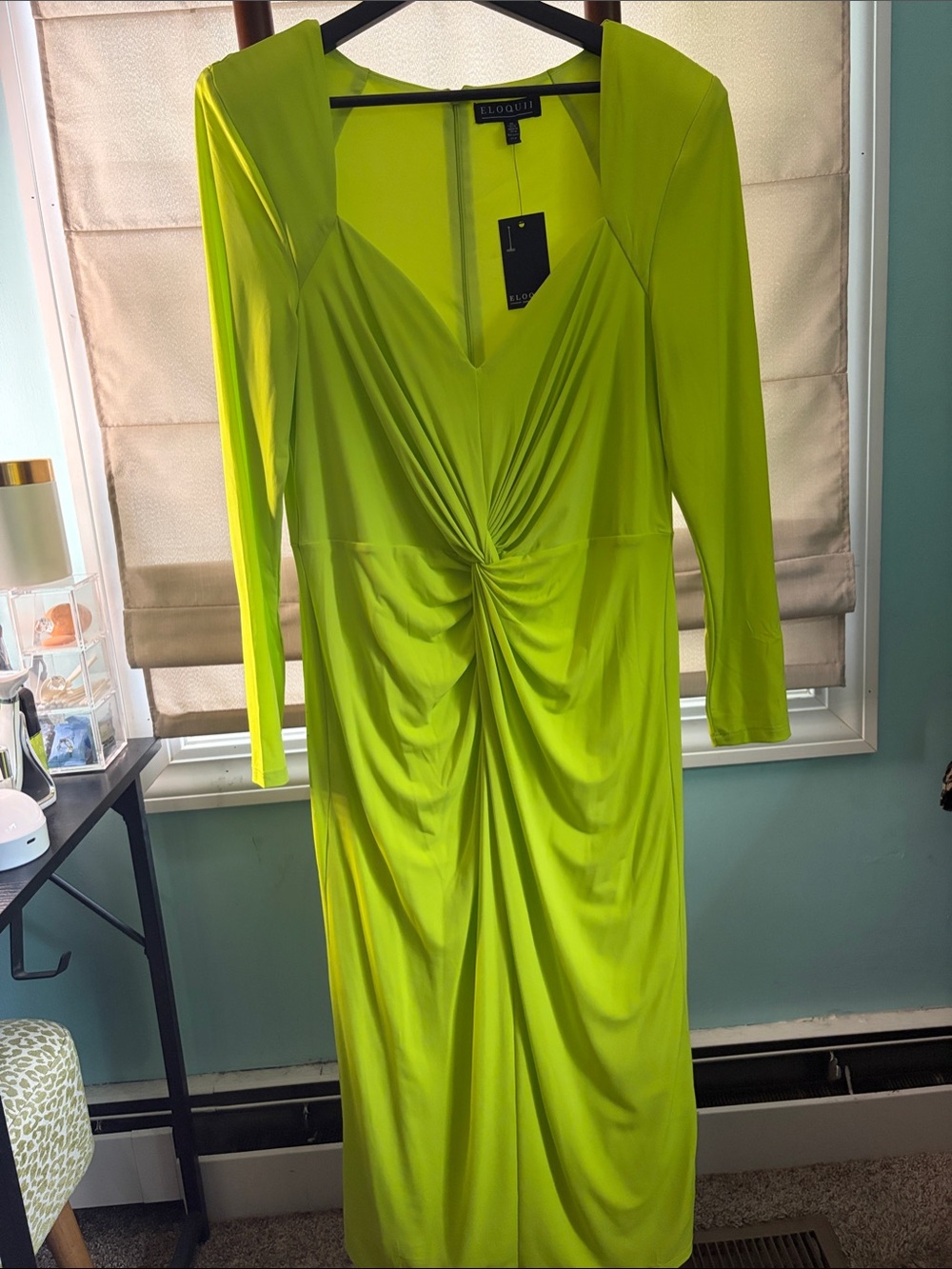 Eloquii Neon Lime Twist-Front Long-Sleeve Dress